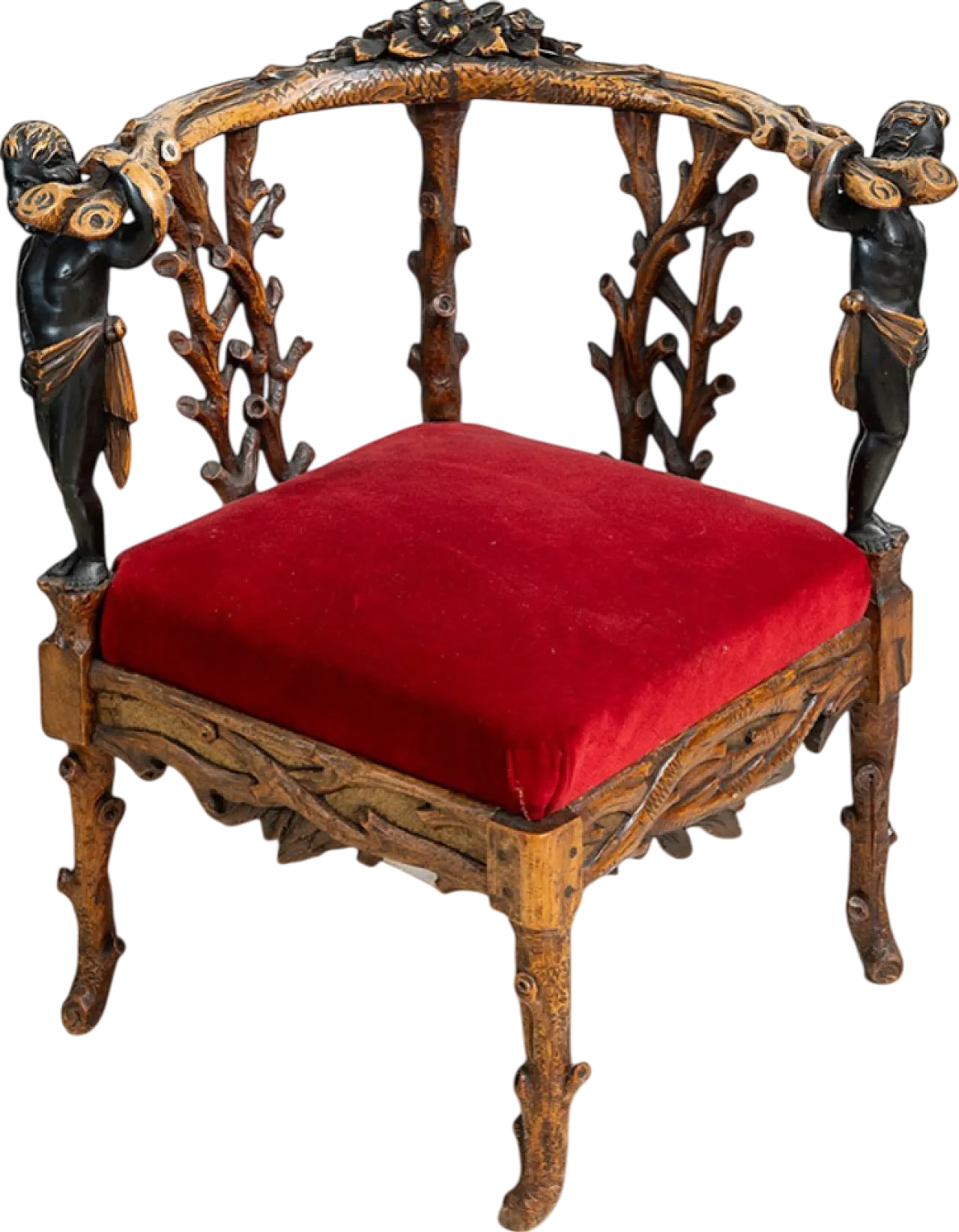 Sculptural French corner armchair in solid walnut, early 19th century 8