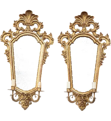 Pair of gilded and carved mirrored candle holder in wood, 19th c.