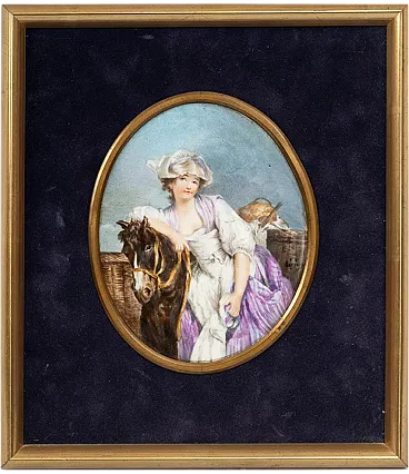 Polychrome porcelain plaque depicting a woman with horse, 19th c.