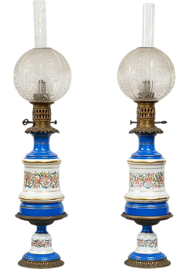 Pair of oil Napoleon III lamps in polychrome porcelain, France, 19th c