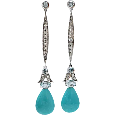 Aquamarine colour topaz, turquoise, diamonds, gold earrings, 1970s