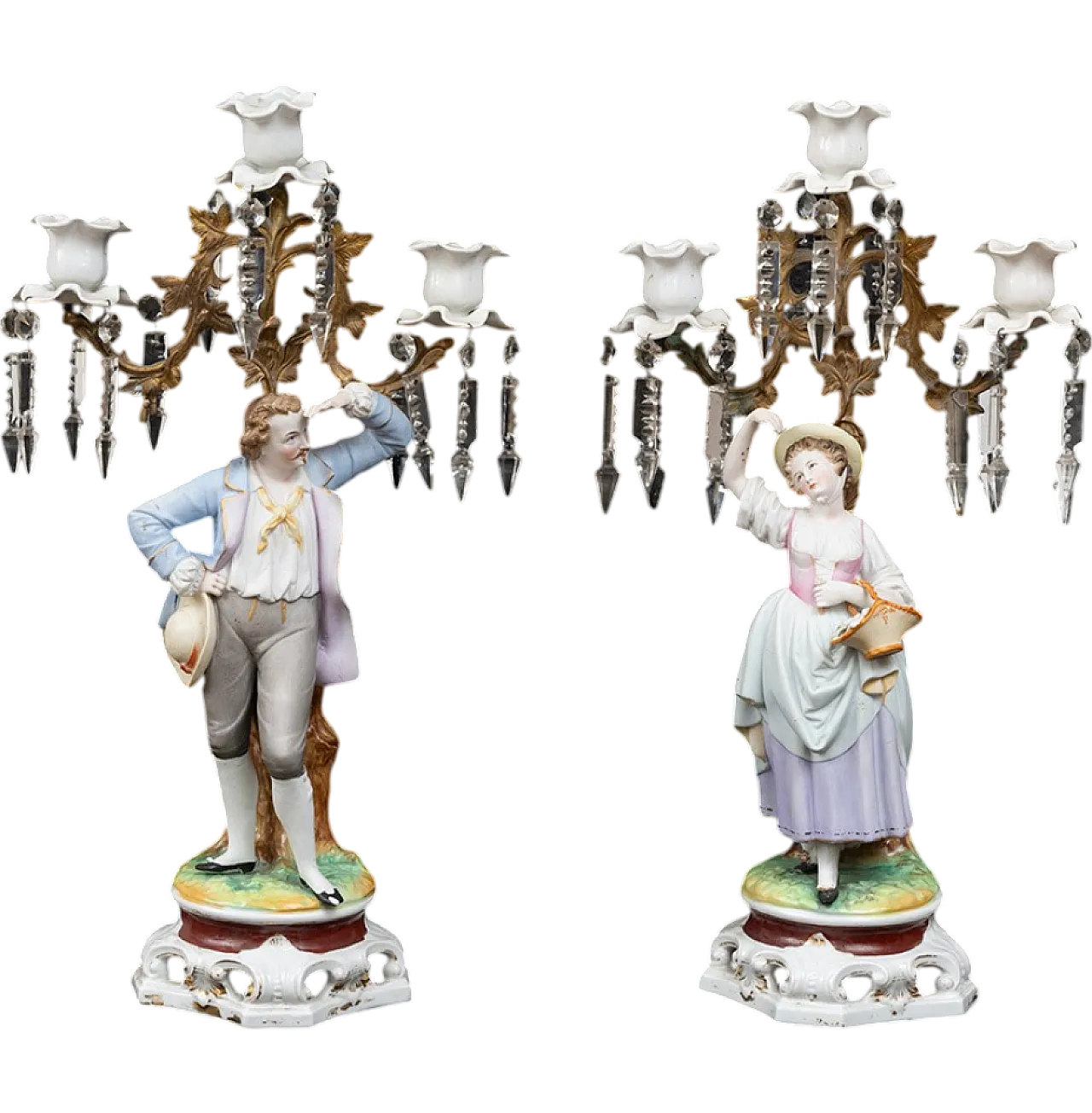 Pair of abat jour candle hoder in Capodimonte biscuit, 20th century 6