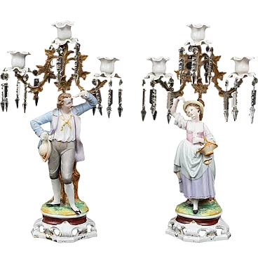 Pair of abat jour candle hoder in Capodimonte biscuit, 20th century