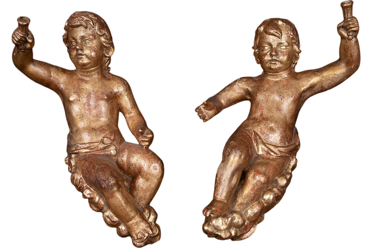 Pair of Florentine putti with in gilded sculptural wood, 17th century 5