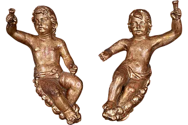 Pair of Florentine putti with in gilded sculptural wood, 17th century