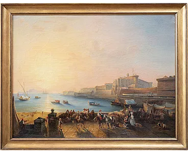 View of Naples from Beverello, oil on canvas depicting, 19th century