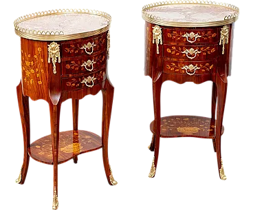 Pair of French Neapolitan bedside tables in fine exotic woods, 20th c.