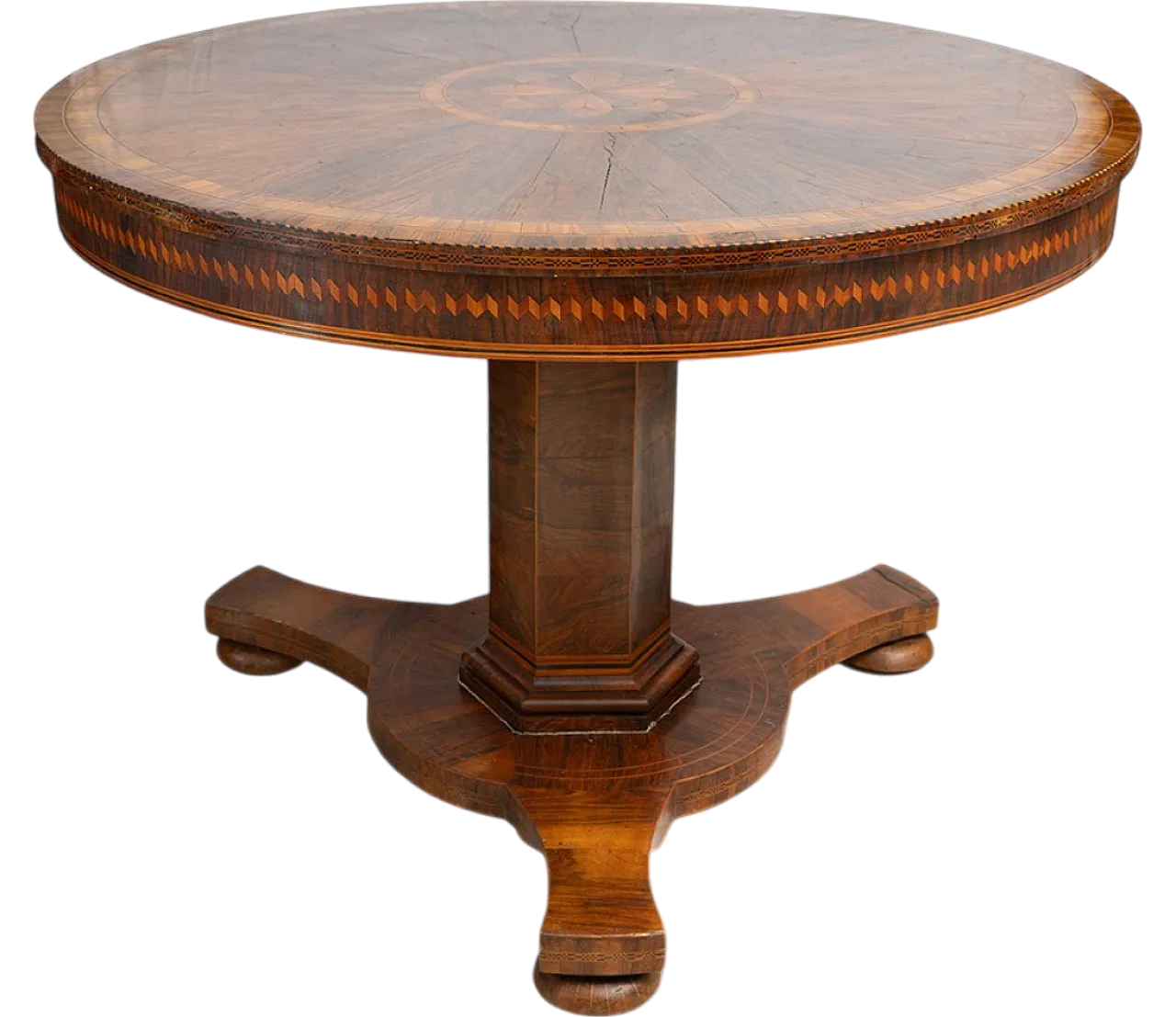 Neapolitan Empire round table in precious exotic woods, 19th century 4