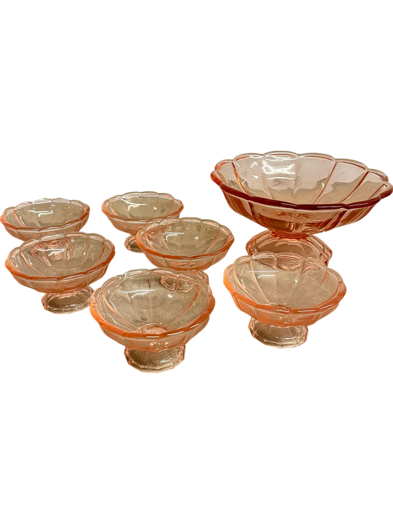 Art Decò dessert set in pink glass shaped like flower, 1940s 14