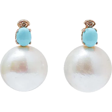 Earrings with pearls, diamonds, turquoise and pink gold, 2000s