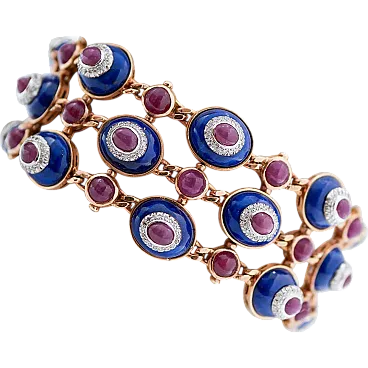 Pink gold bracelets with diamonds, rubies, lapis lazuli, 1970s