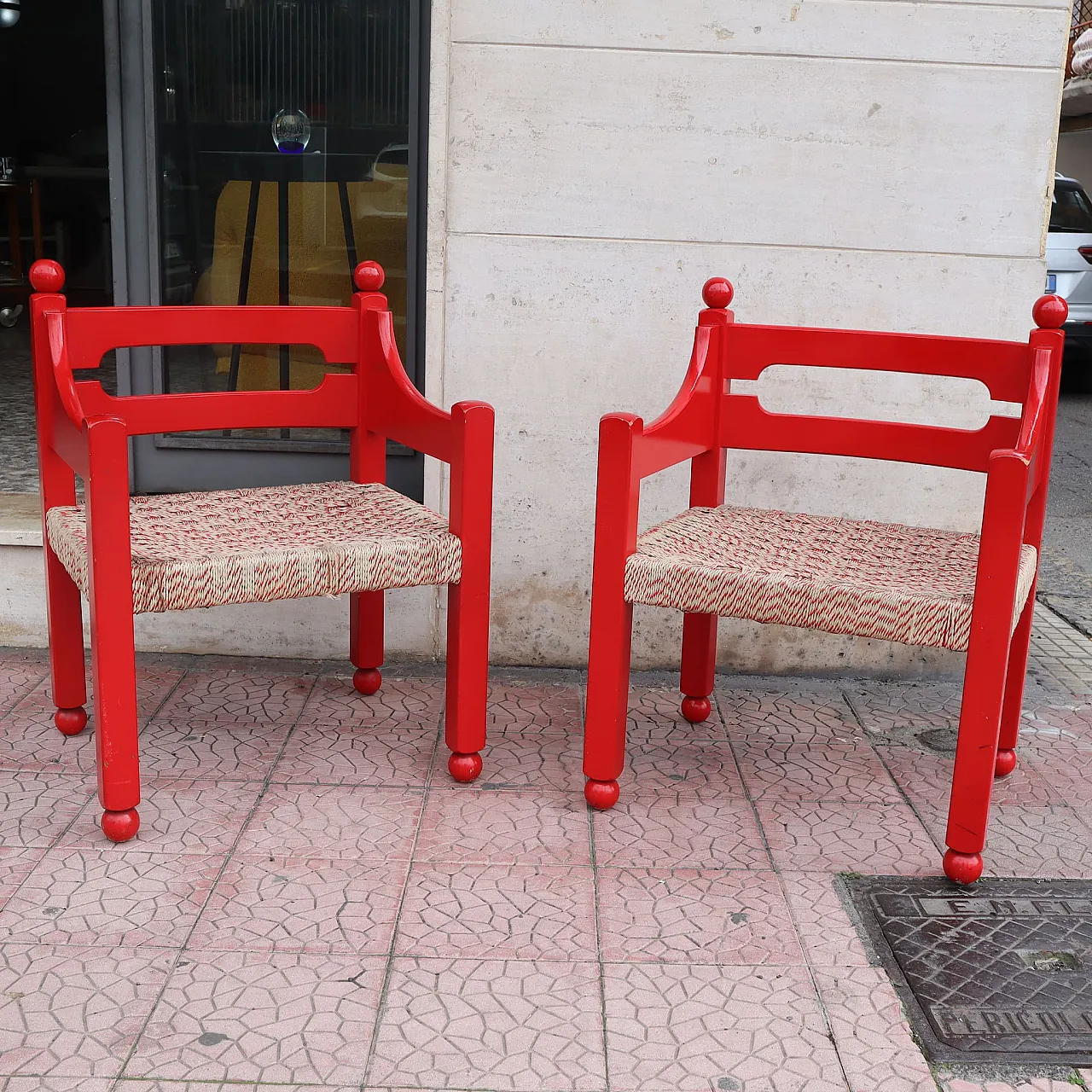 Pair of red wooden armchairs by Luigi Caccia Domination, Italy, 1960 1