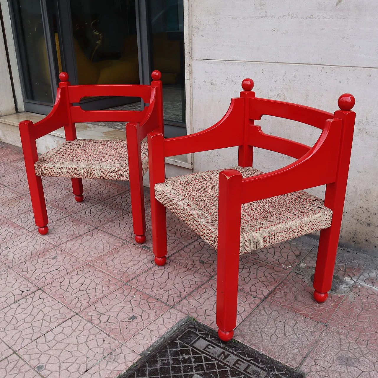 Pair of red wooden armchairs by Luigi Caccia Domination, Italy, 1960 5