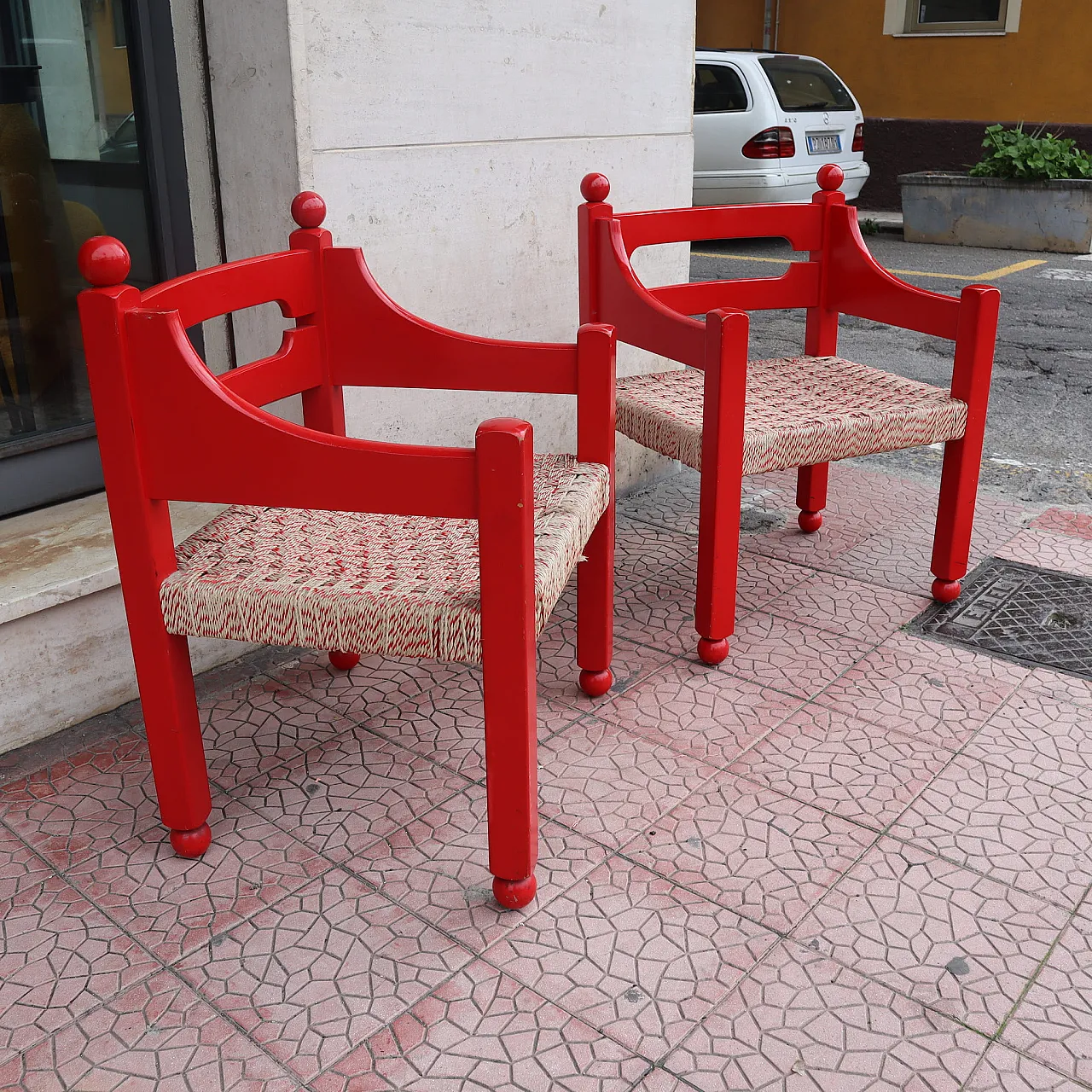 Pair of red wooden armchairs by Luigi Caccia Domination, Italy, 1960 6