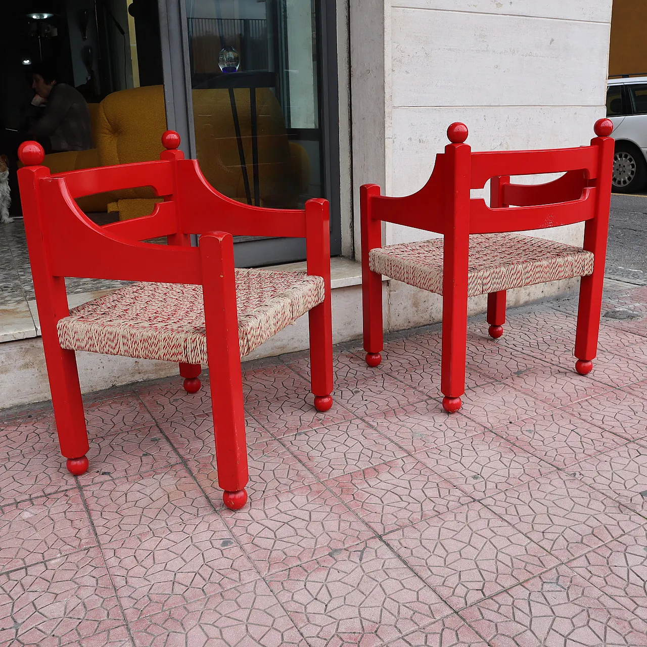 Pair of red wooden armchairs by Luigi Caccia Domination, Italy, 1960 14