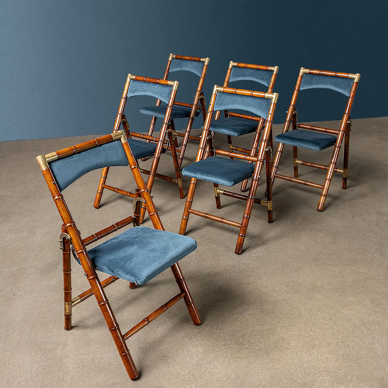 Faux bamboo follding chairs in wood brass and fabric, 1950s-1960s 1