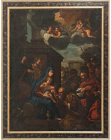 Oil on canvas depicting The adoration of the Magi. Napo, 18th c.