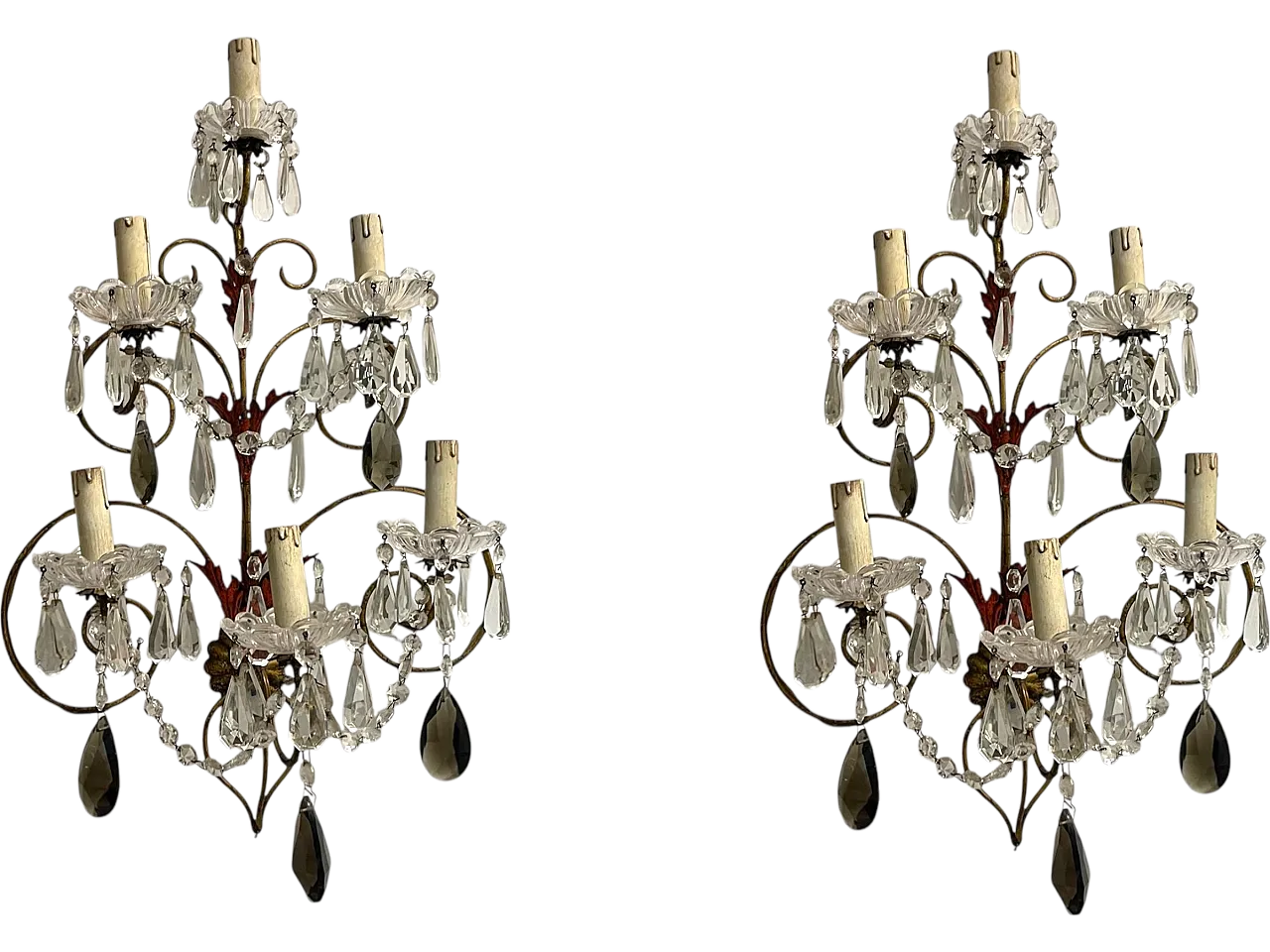 Pair of Florentine tole crystal sconces, 1950s 16