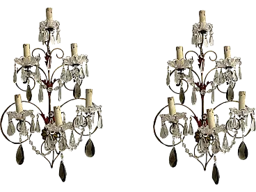 Pair of Florentine tole crystal sconces, 1950s