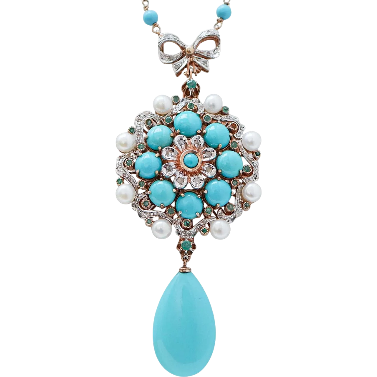 Necklace in turquoise, pearls, emeralds, diamonds, 1970s 9