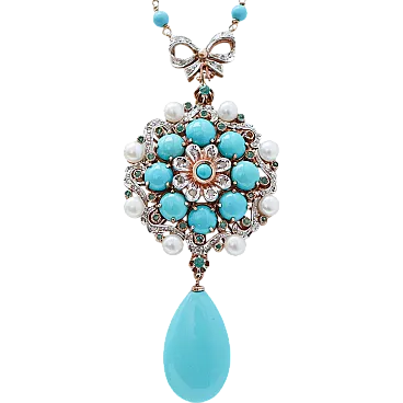 Necklace in turquoise, pearls, emeralds, diamonds, 1970s