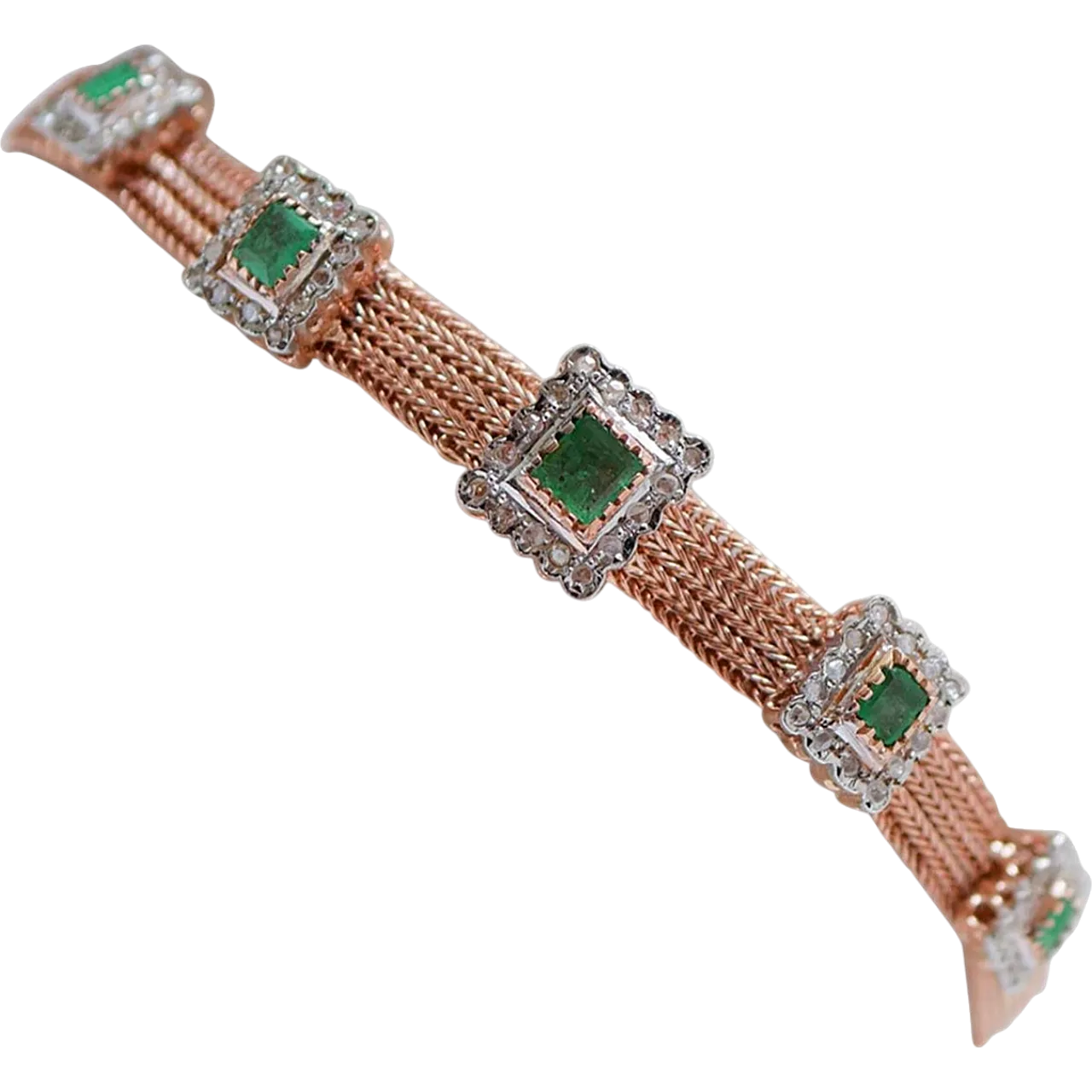 Silver, rose gold, emeralds and diamonds bracelet, 1950s 7