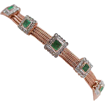 Bracciale in argento, oro rosa, smeraldi e diamanti, anni '50