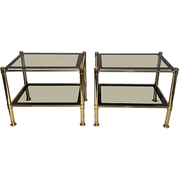 Pair of brass side tables with smoked glass shelves, 1970s