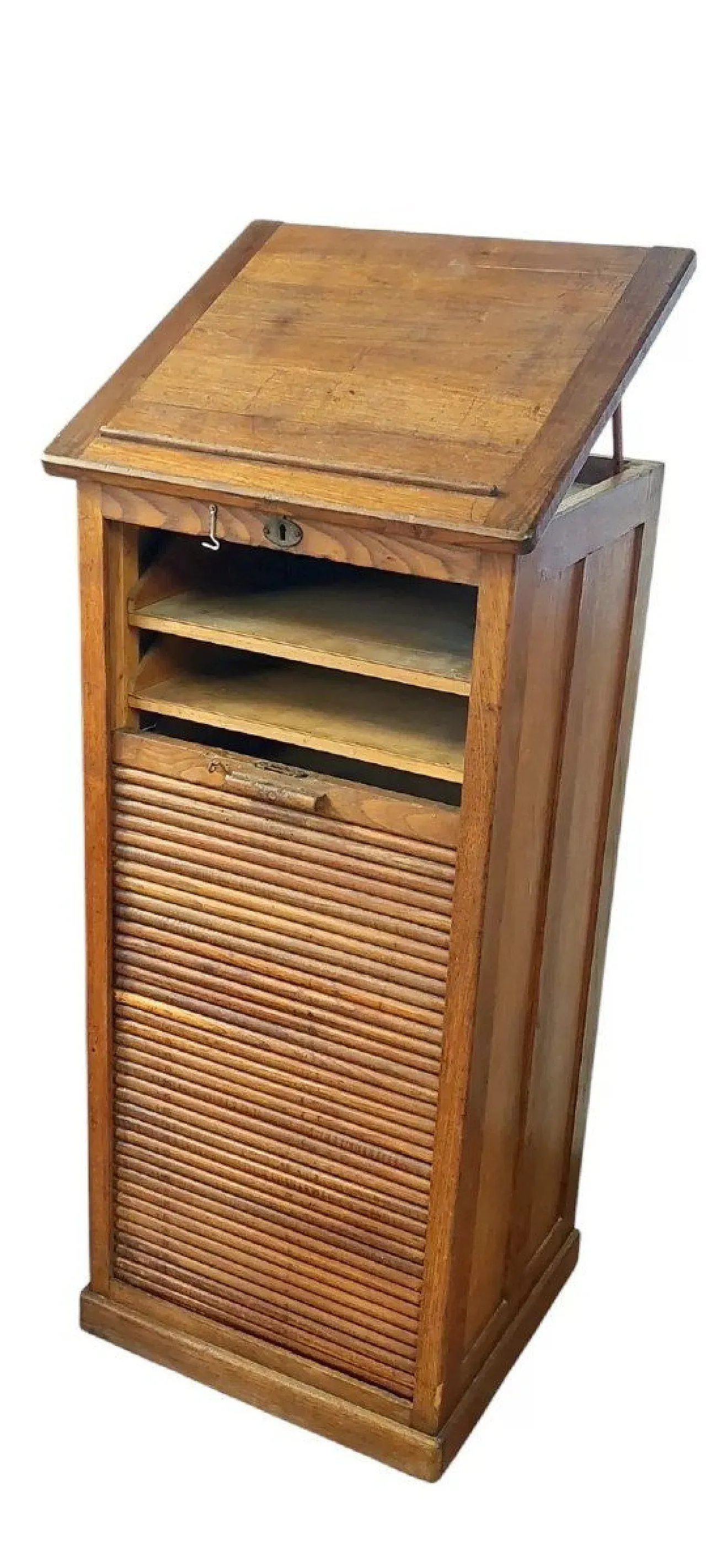 Wooden office cabinet with sliding door and drawers, 20th century 1