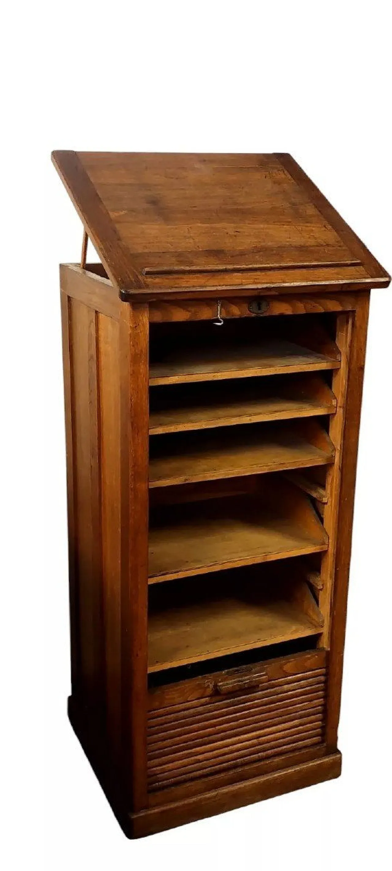 Wooden office cabinet with sliding door and drawers, 20th century 2