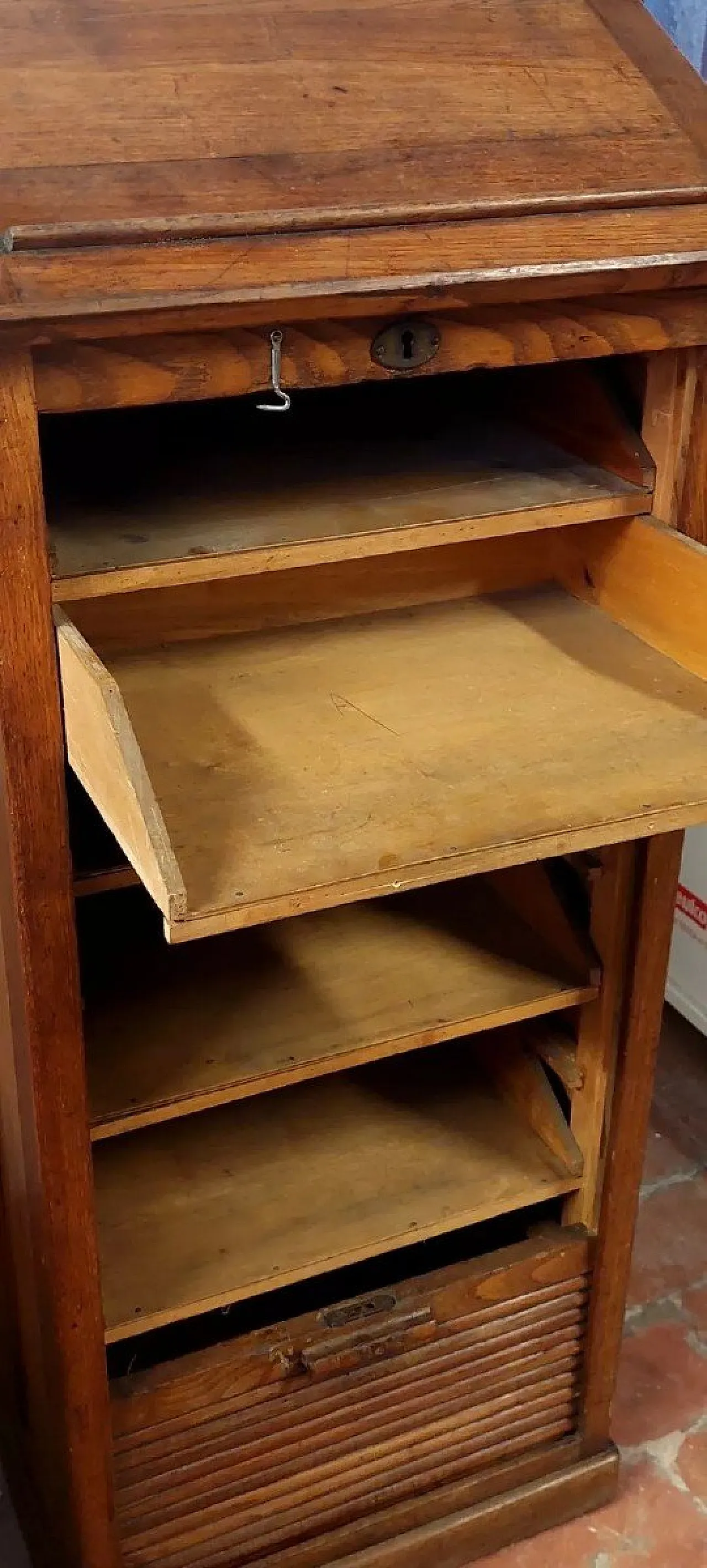 Wooden office cabinet with sliding door and drawers, 20th century 7