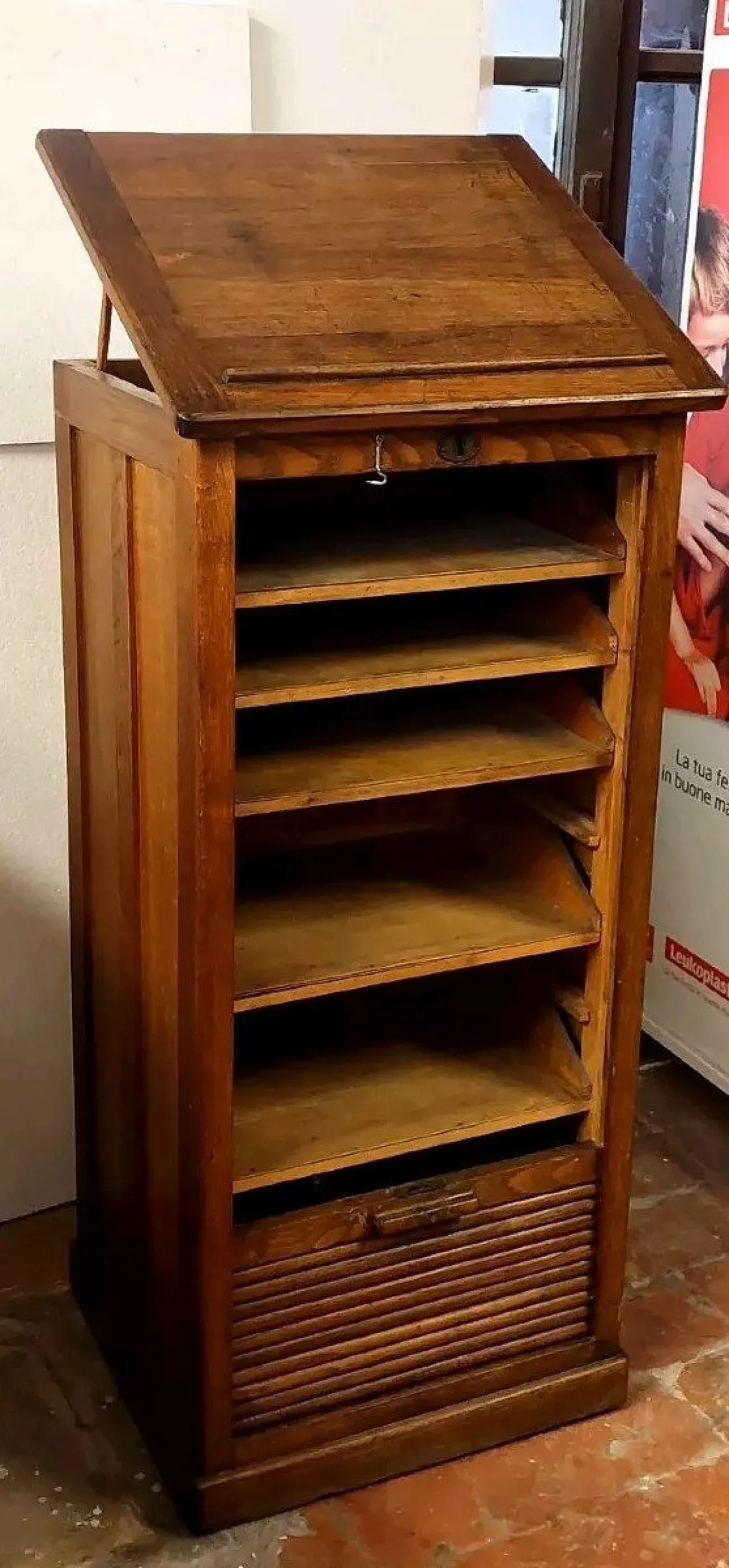 Wooden office cabinet with sliding door and drawers, 20th century 8