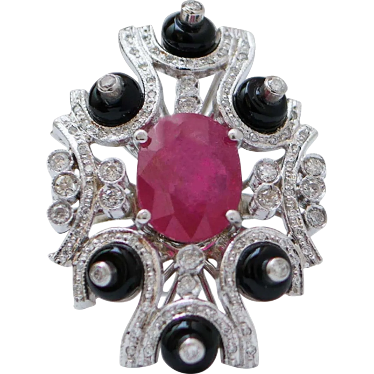 Ruby, onyx, diamonds, platinum ring, 1970s 7