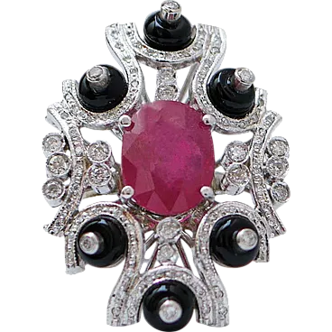 Ruby, onyx, diamonds, platinum ring, 1970s