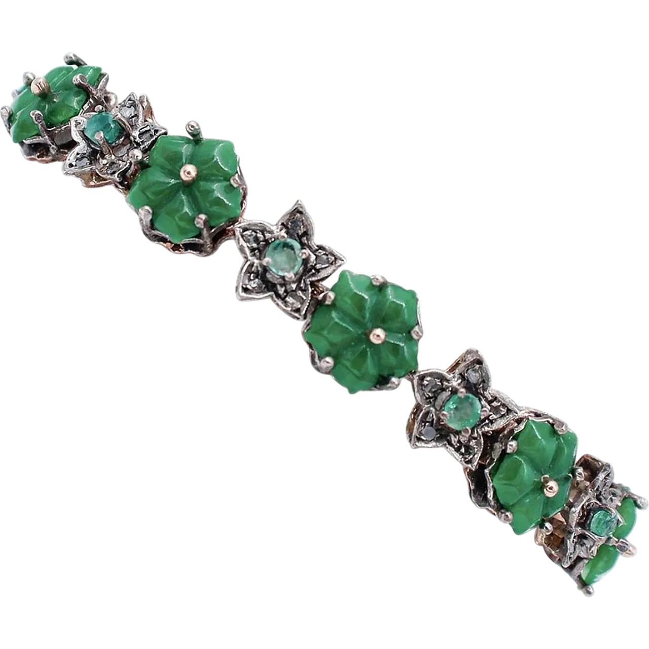 Silver bracelet with agate flowers, emeralds, diamonds, gold, 1960s 6