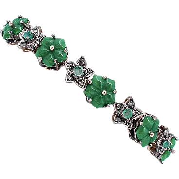 Silver bracelet with agate flowers, emeralds, diamonds, gold, 1960s