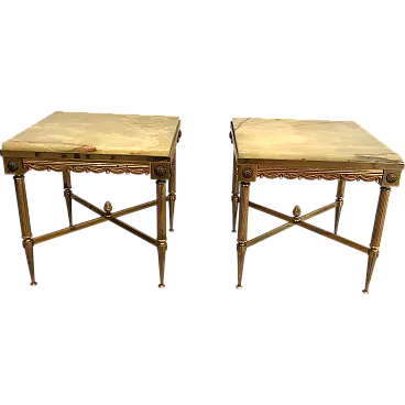 Pair of square brass coffee tables with onyx tops, 1940s