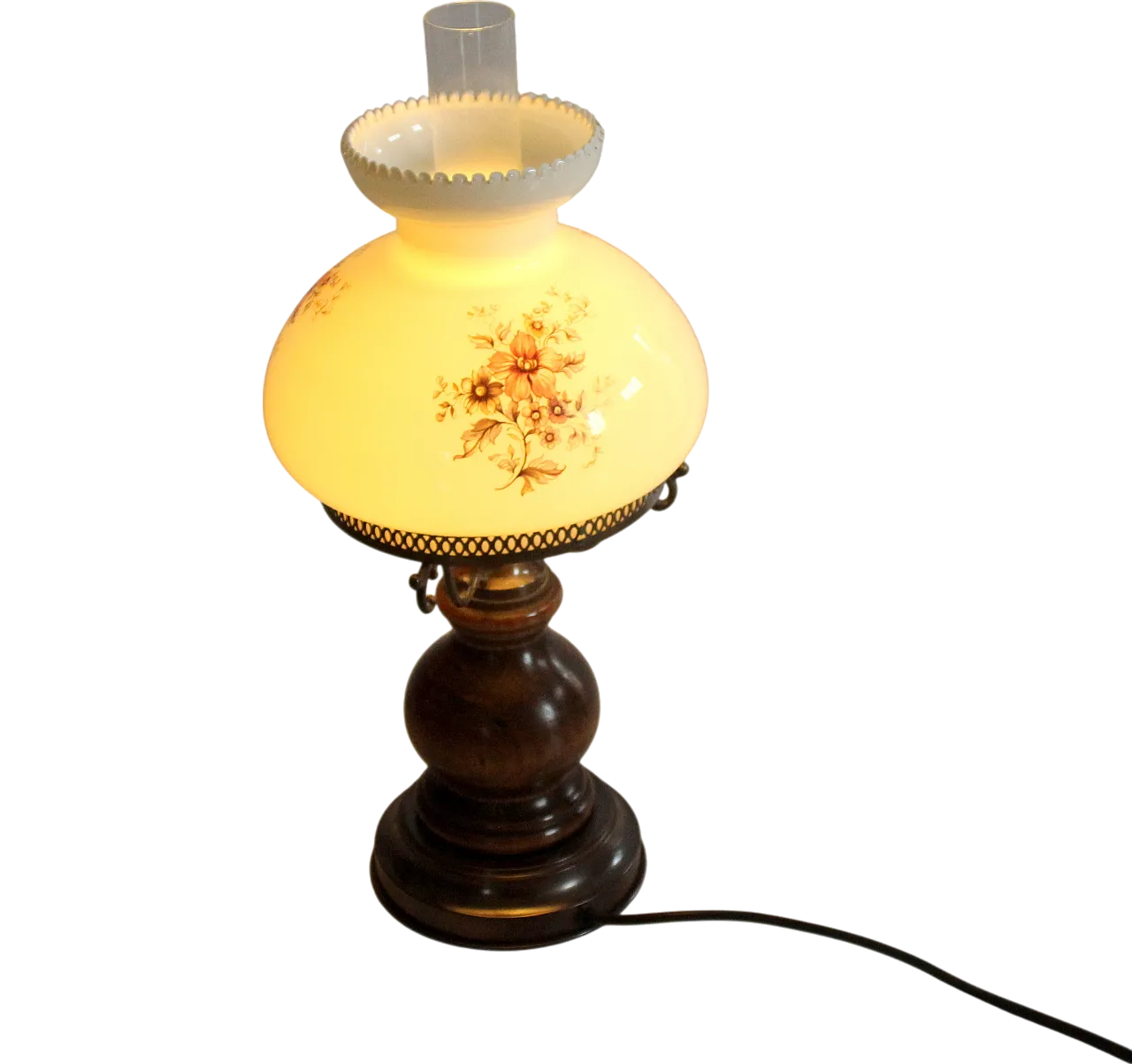 German table lamp milk glass, wood and metal base, 60s 10