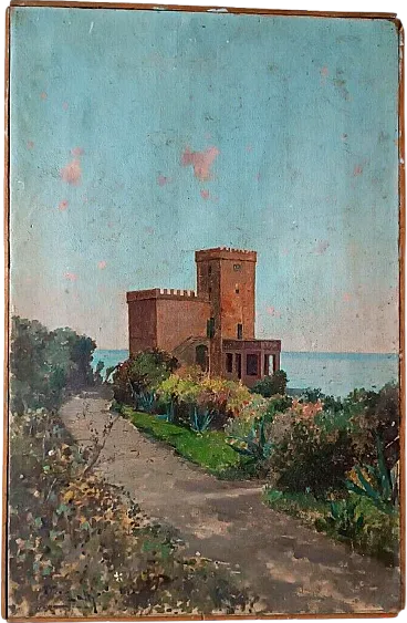 Antignano Castle Tower by M. Tatti, oil on canvas, 19th century