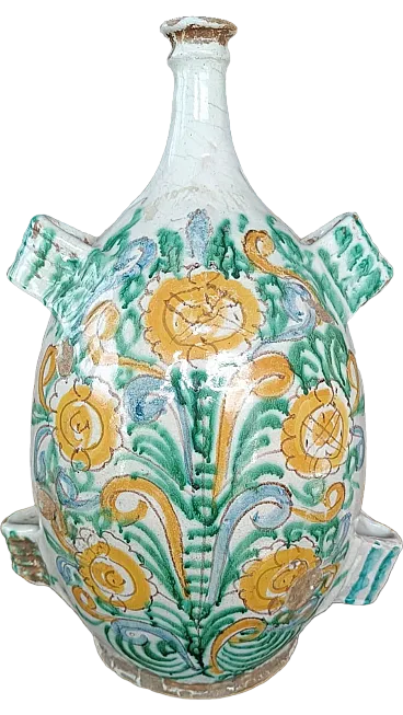 Enamelled and painted majolica flask, 17th century