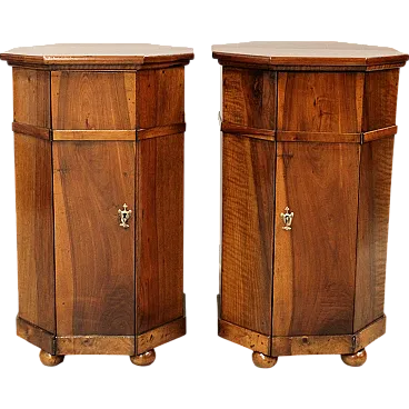 Pair of octagonal Louis Philippe bedside walnut tables, 19th century