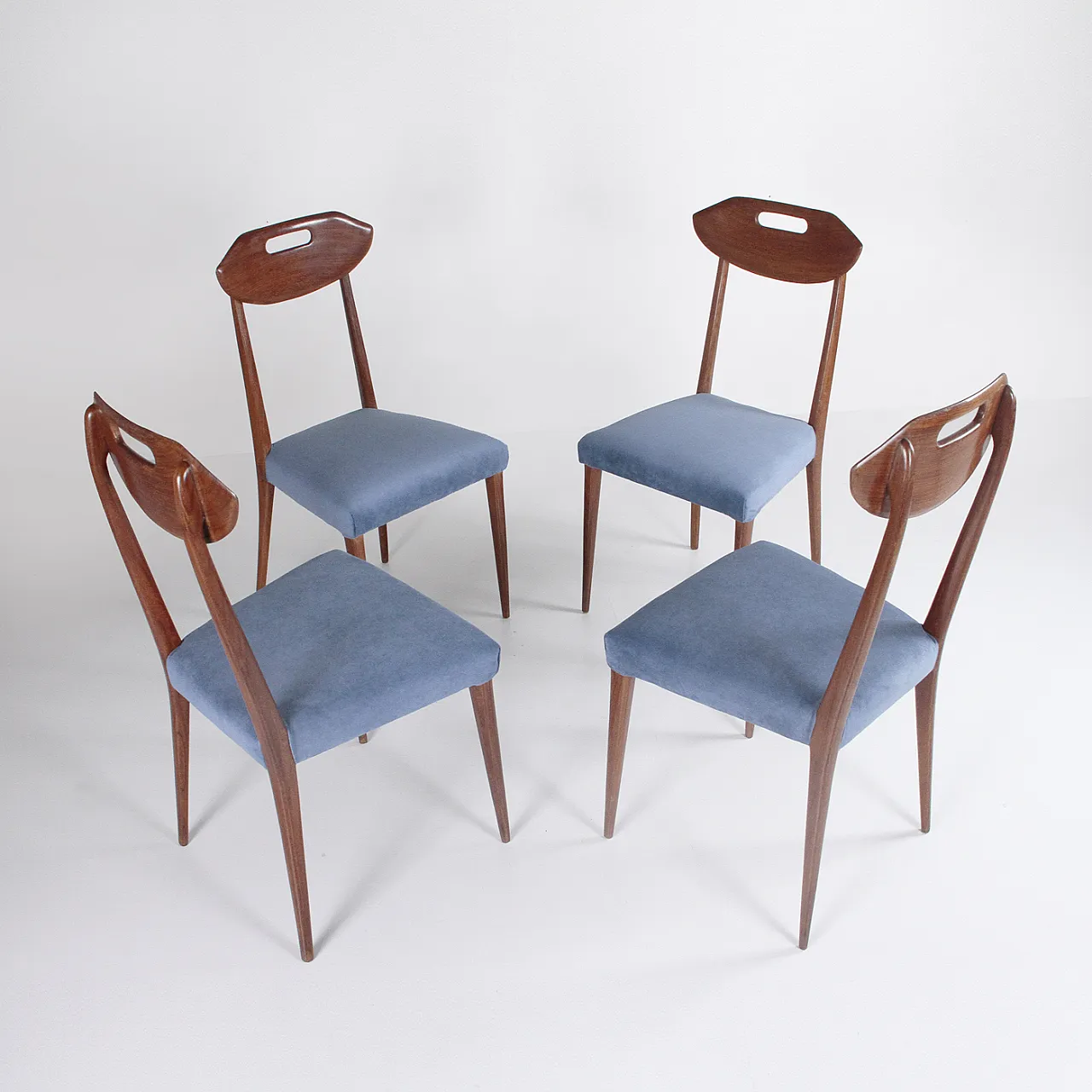 4 Wood and velvet chairs, 1960s 4