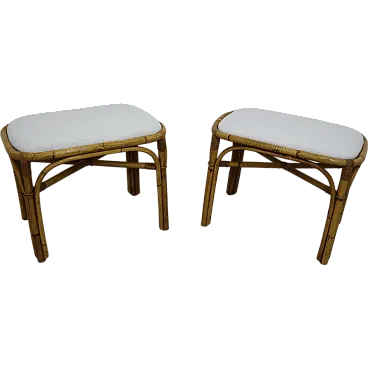 Pair of Italian rattan and bamboo stools in white bouclé fabric, 70s