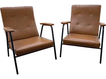 Pair of leather armchairs and 70s black iron structure