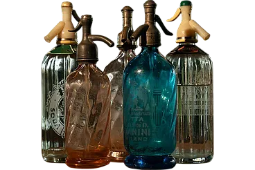 Colored glass Seltz bottles with labels, 1930s